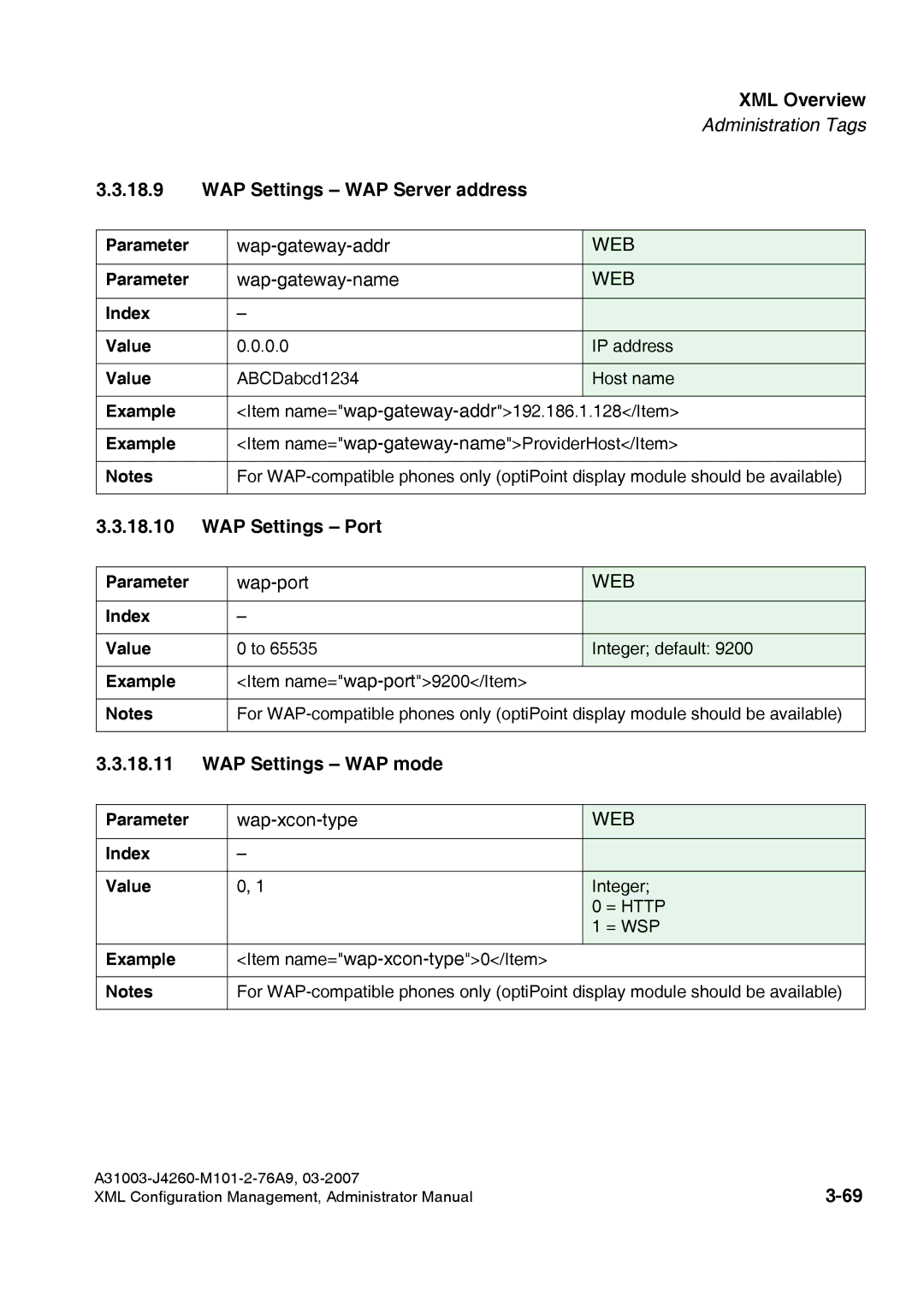 Siemens 410 S V6.0, 420 S V6.0 manual WAP Settings WAP Server address, WAP Settings Port, WAP Settings WAP mode 