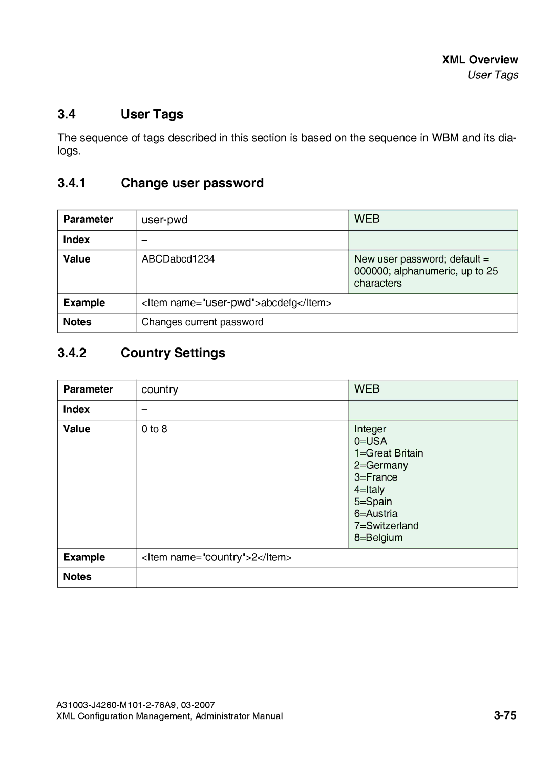 Siemens 410 S V6.0, 420 S V6.0 manual User Tags, Change user password, Country Settings 