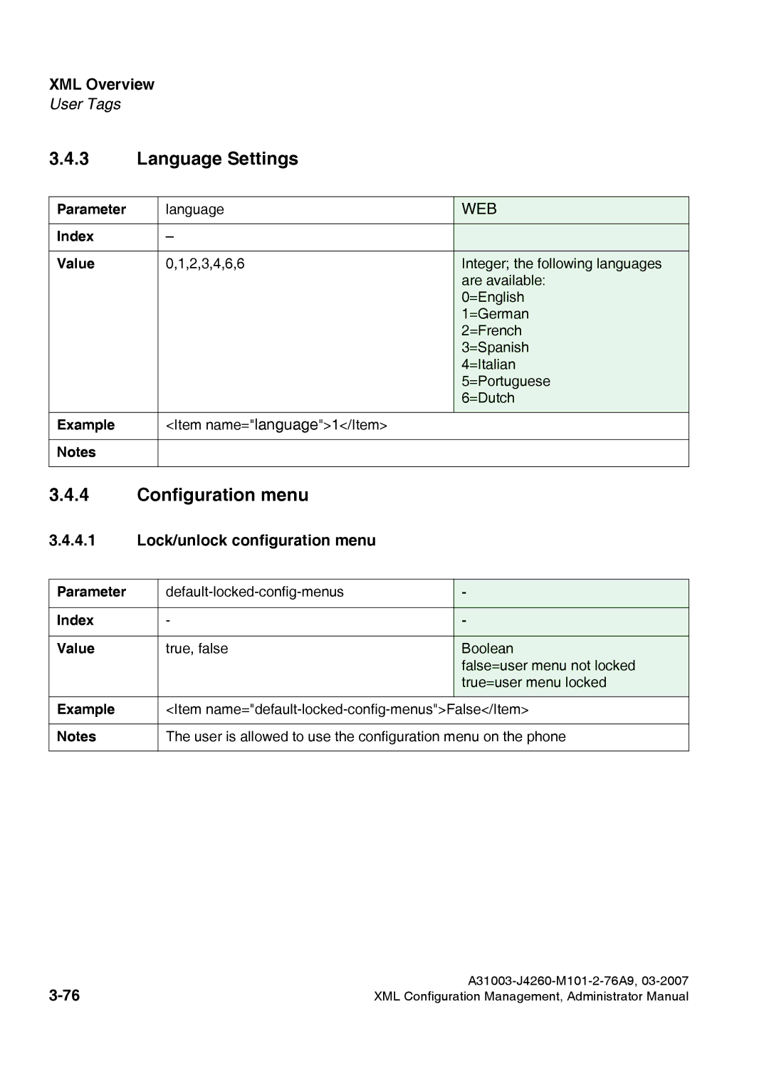 Siemens 420 S V6.0, 410 S V6.0 manual Language Settings, Configuration menu, Lock/unlock configuration menu 