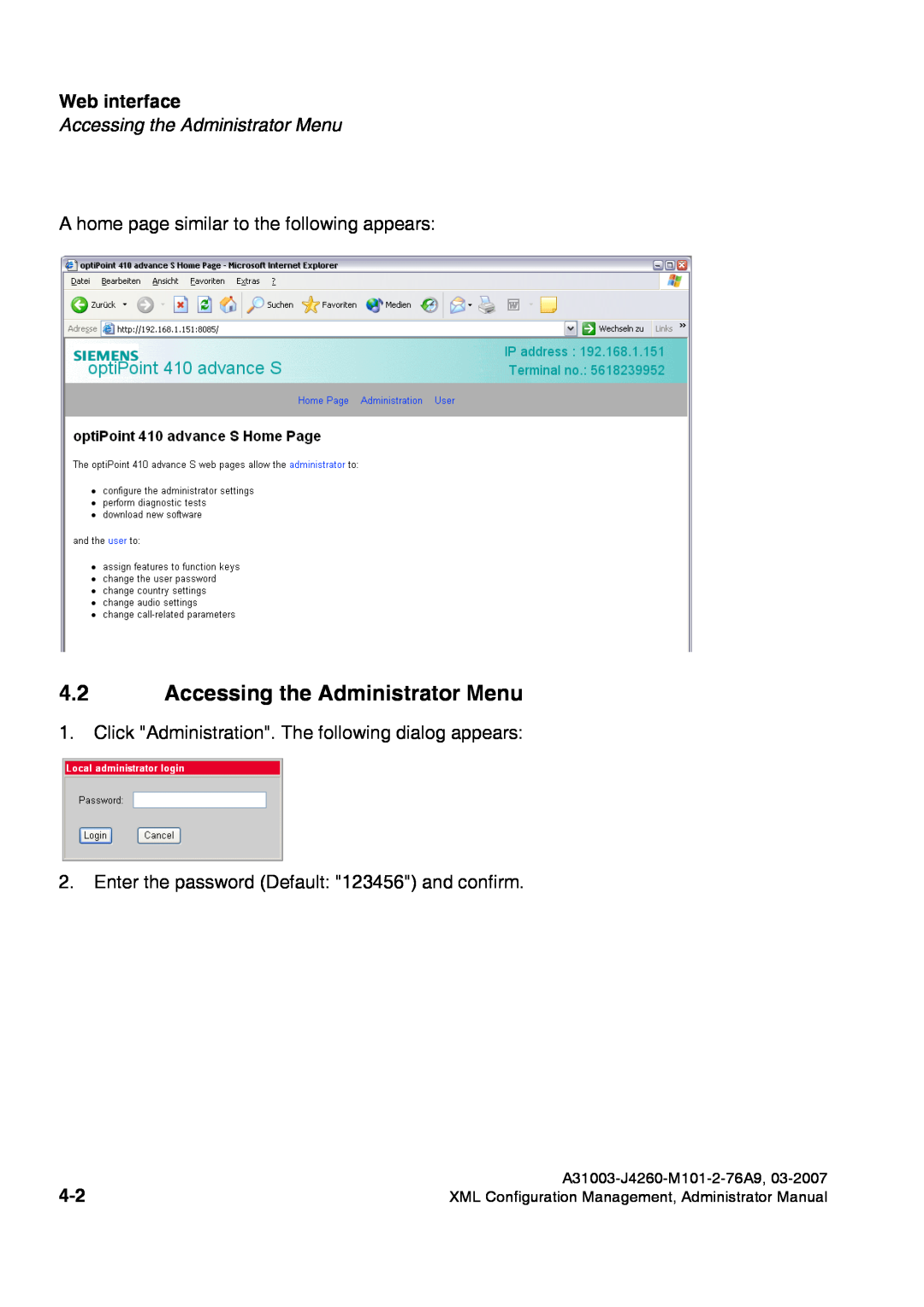 Siemens 420 S V6.0 manual Accessing the Administrator Menu, Web interface, A home page similar to the following appears 