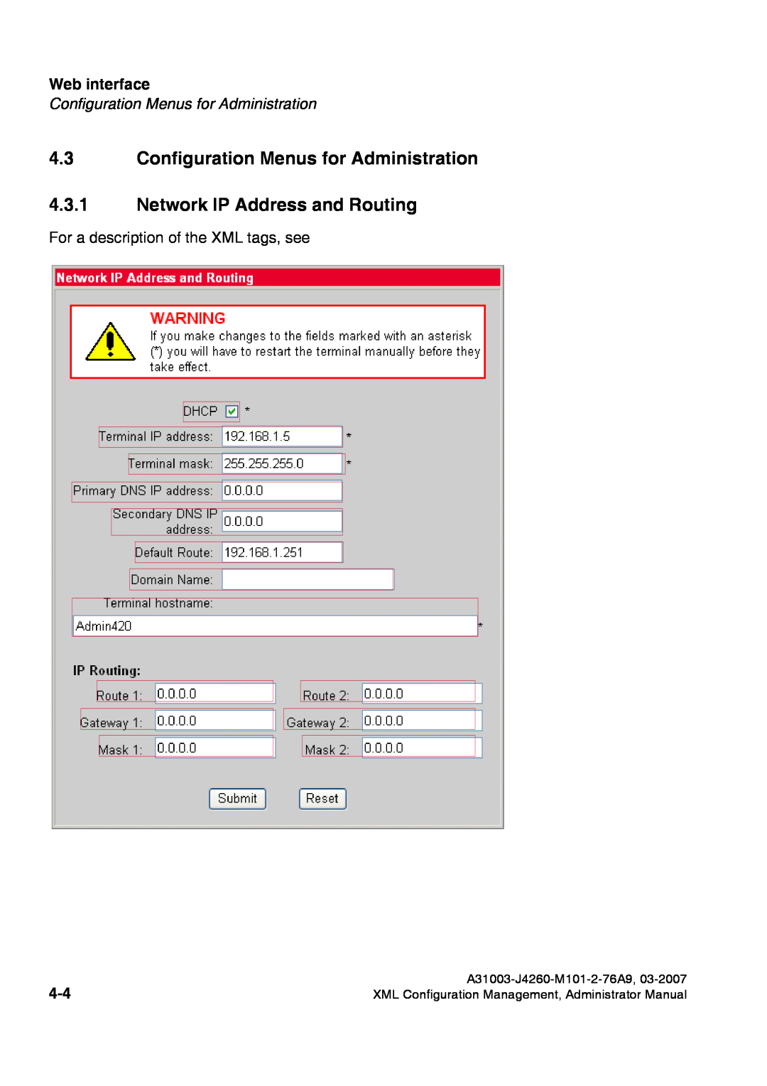 Siemens 420 S V6.0, 410 S V6.0 manual Configuration Menus for Administration, Network IP Address and Routing, Web interface 