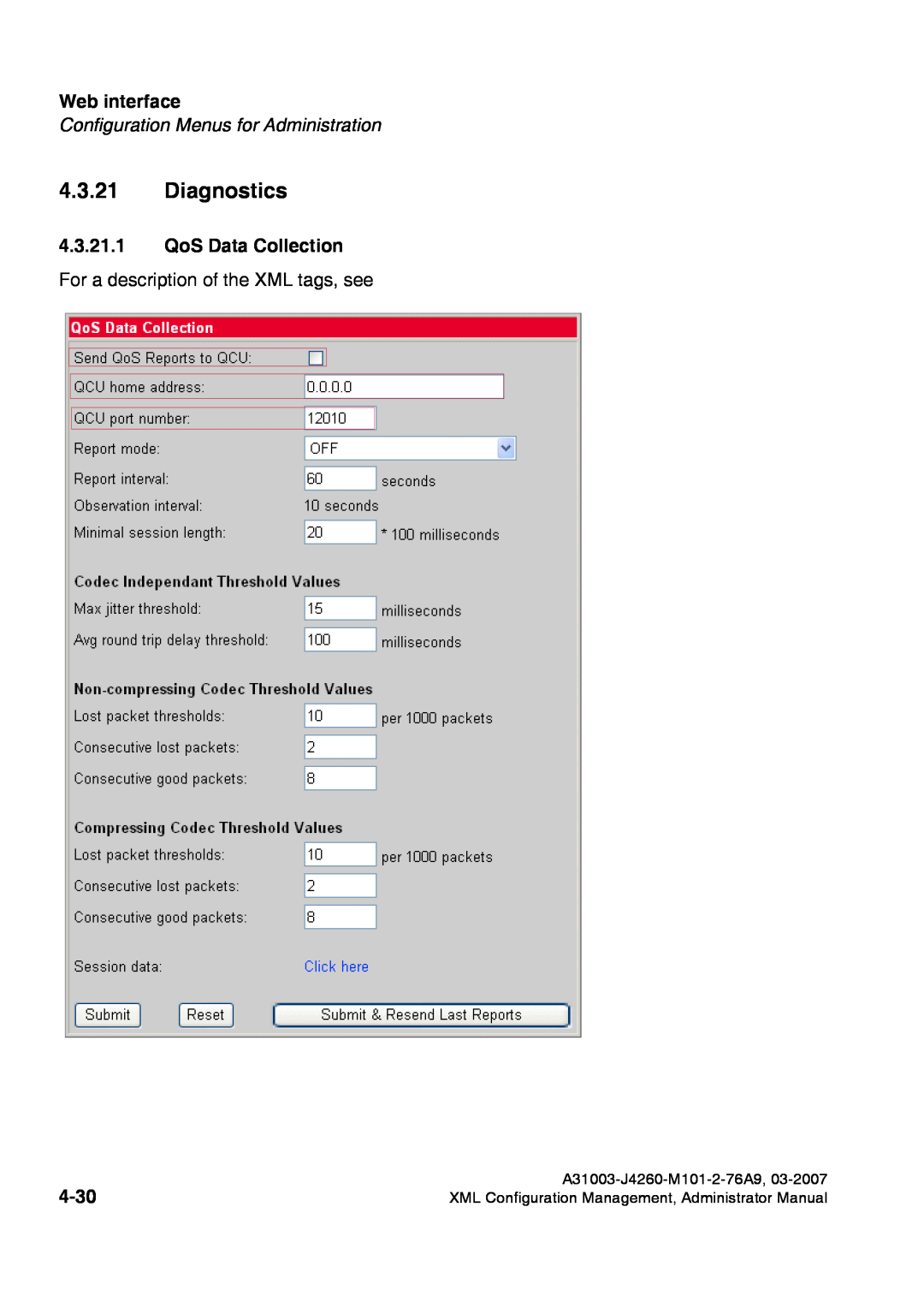 Siemens 420 S V6.0 manual Diagnostics, QoS Data Collection For a description of the XML tags, see, 4-30, Web interface 