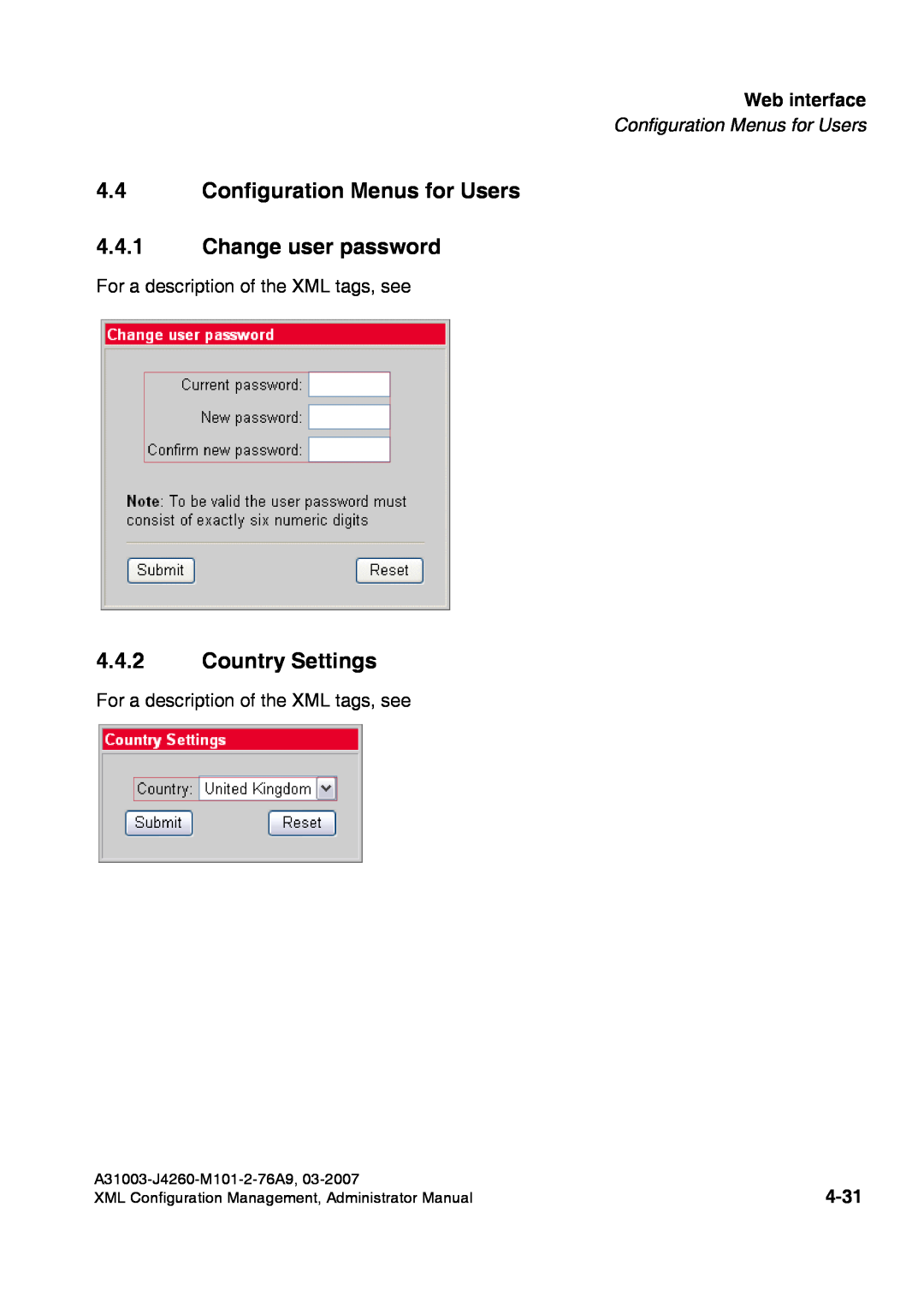 Siemens 410 S V6.0 manual Configuration Menus for Users 4.4.1 Change user password, Country Settings, 4-31, Web interface 