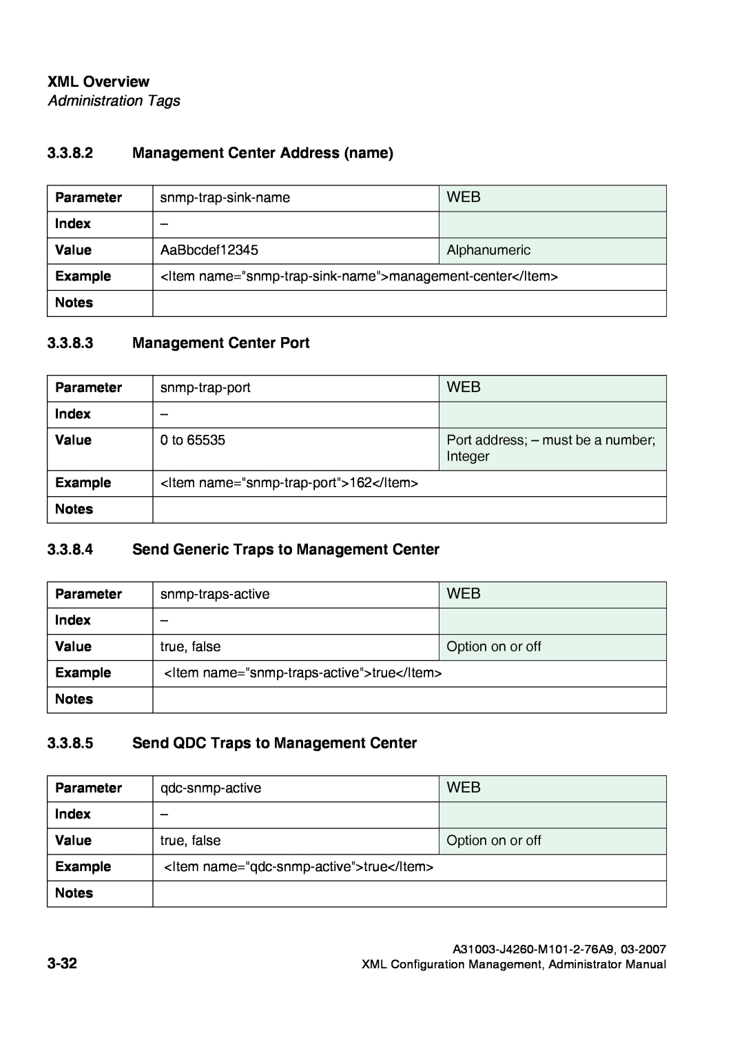 Siemens 420 S V6.0 Management Center Address name, Management Center Port, Send Generic Traps to Management Center, 3-32 
