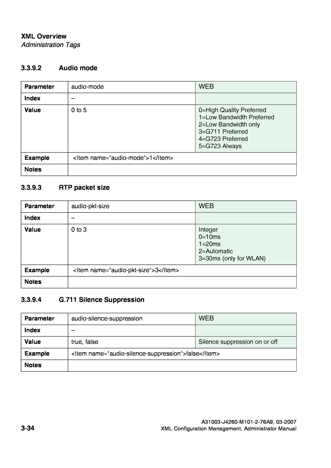 Siemens 420 S V6.0 Audio mode, RTP packet size, 3.3.9.4 G.711 Silence Suppression, 3-34, XML Overview, Administration Tags 