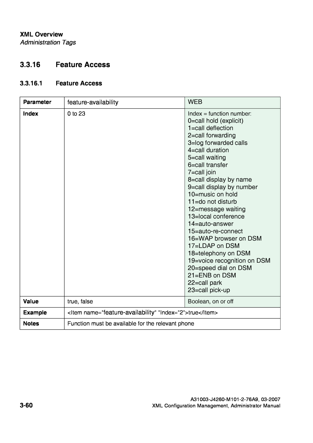 Siemens 420 S V6.0, 410 S V6.0 manual Feature Access, 3-60, XML Overview, Administration Tags 