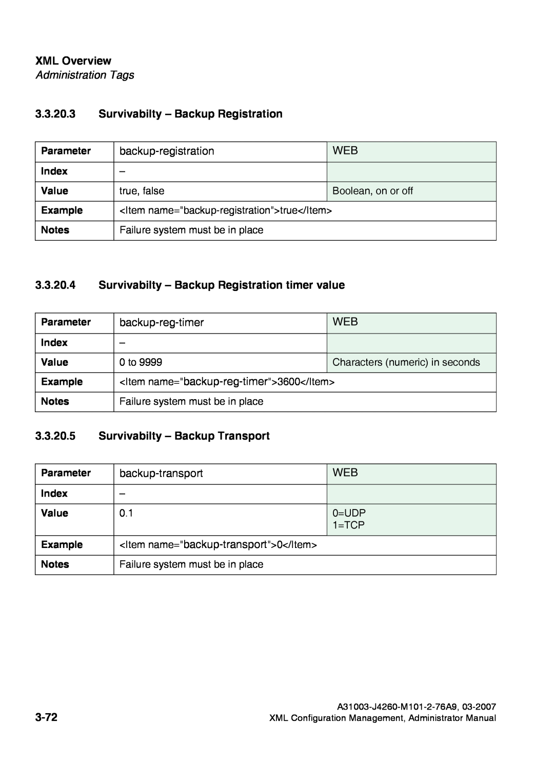 Siemens 420 S V6.0 Survivabilty - Backup Registration timer value, Survivabilty - Backup Transport, 3-72, XML Overview 