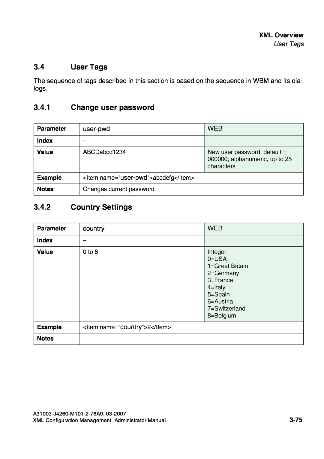 Siemens 410 S V6.0, 420 S V6.0 manual User Tags, Change user password, Country Settings, 3-75, XML Overview 