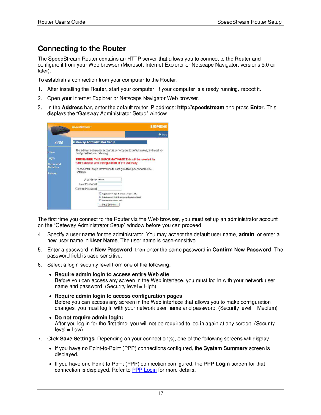 Siemens 4100 Series Connecting to the Router, Require admin login to access entire Web site, Do not require admin login 