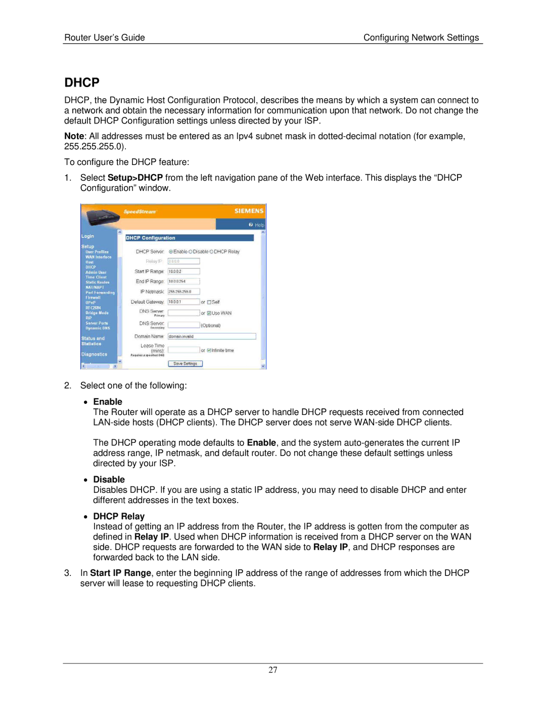 Siemens 4100 Series, 4200 Series manual Enable, Disable, Dhcp Relay 