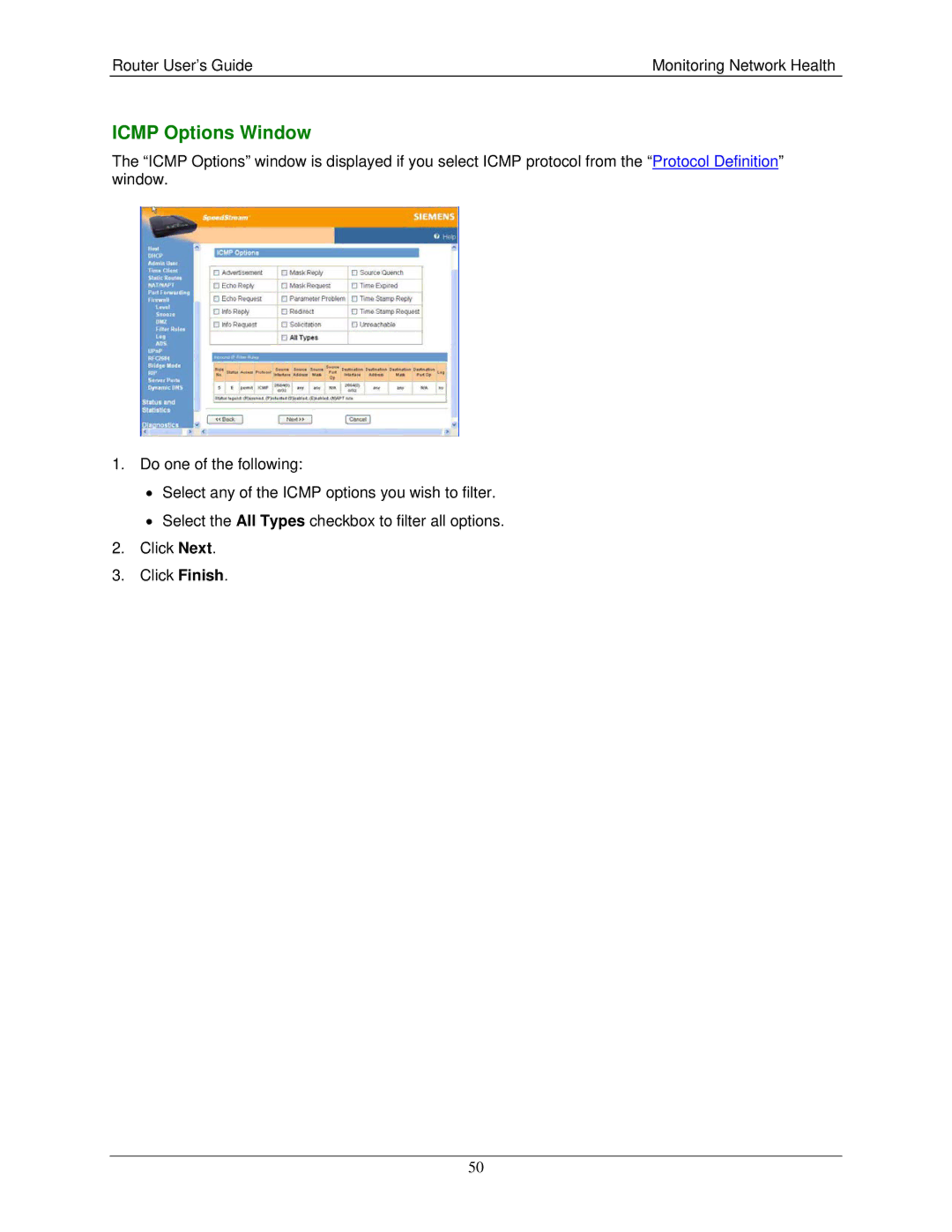 Siemens 4200 Series, 4100 Series manual Icmp Options Window 