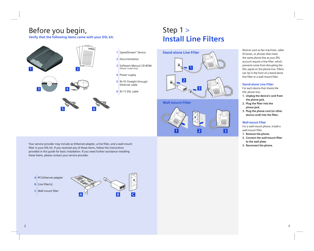 Siemens 4100 quick start Install Line Filters, Verify that the following items came with your DSL kit 