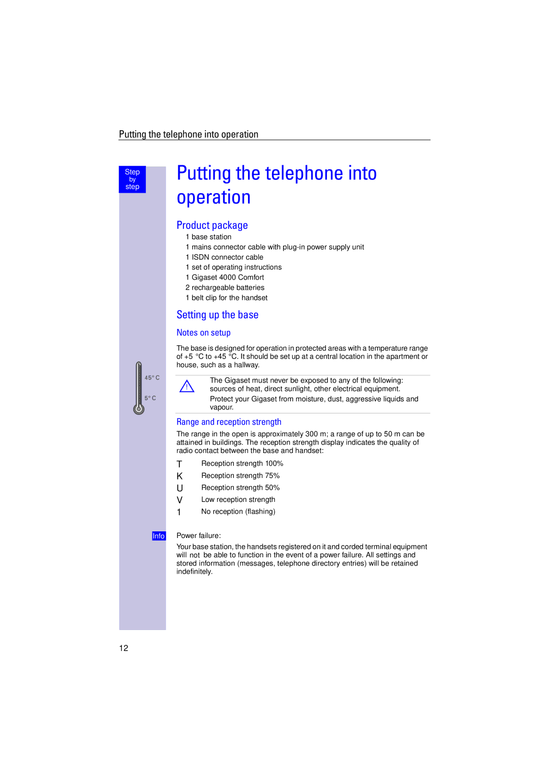 Siemens 4110 Putting the telephone into operation, Product package, Setting up the base, Range and reception strength 