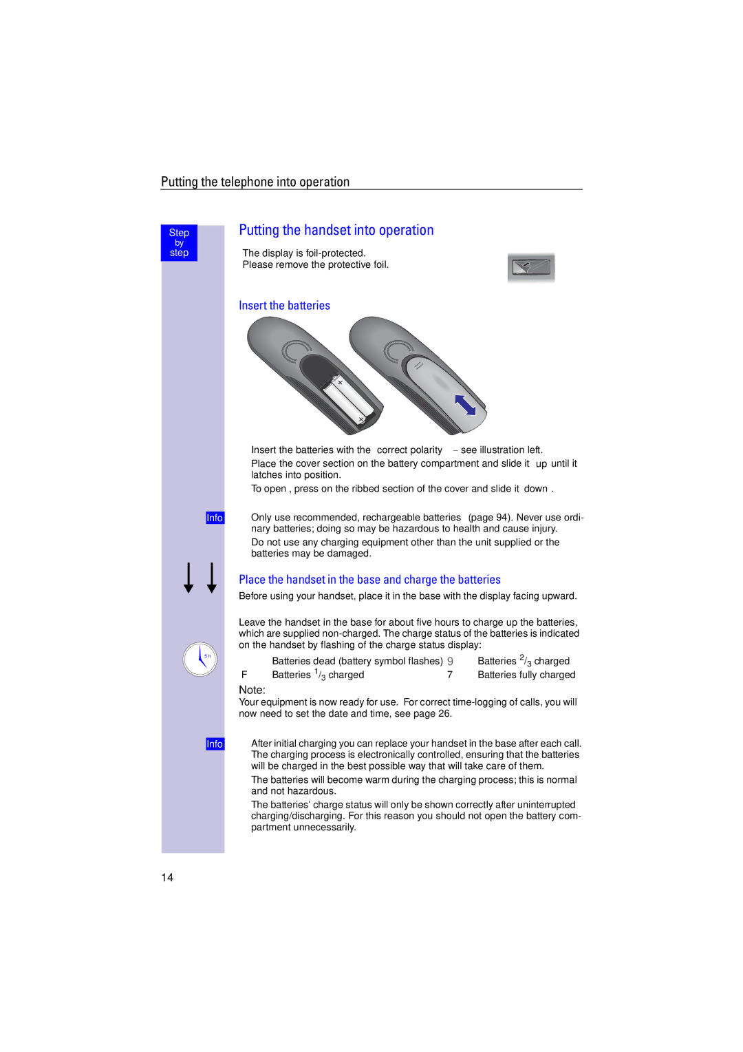 Siemens 4110 Putting the handset into operation, Insert the batteries, Please remove the protective foil 