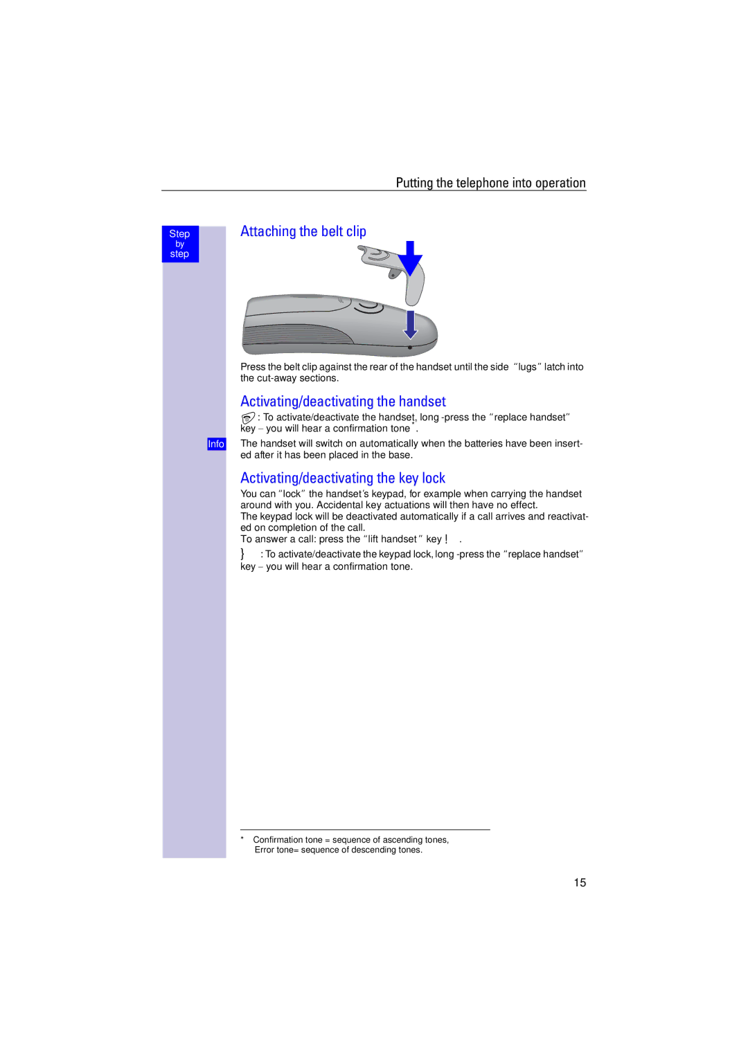 Siemens 4110 Attaching the belt clip, Activating/deactivating the handset, Activating/deactivating the key lock 