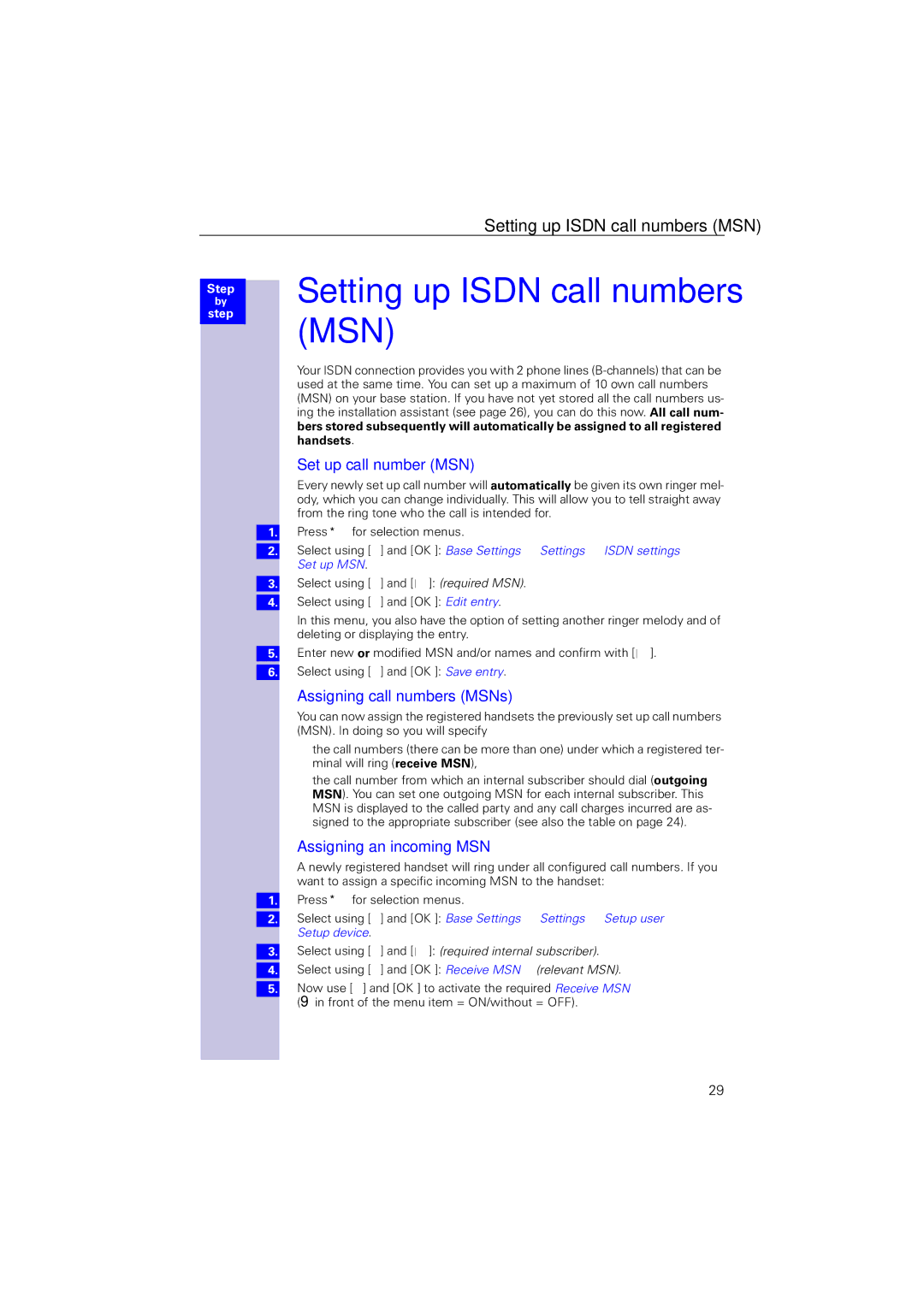 Siemens 4110 operating instructions Setting up Isdn call numbers MSN, Set up call number MSN, Assigning call numbers MSNs 