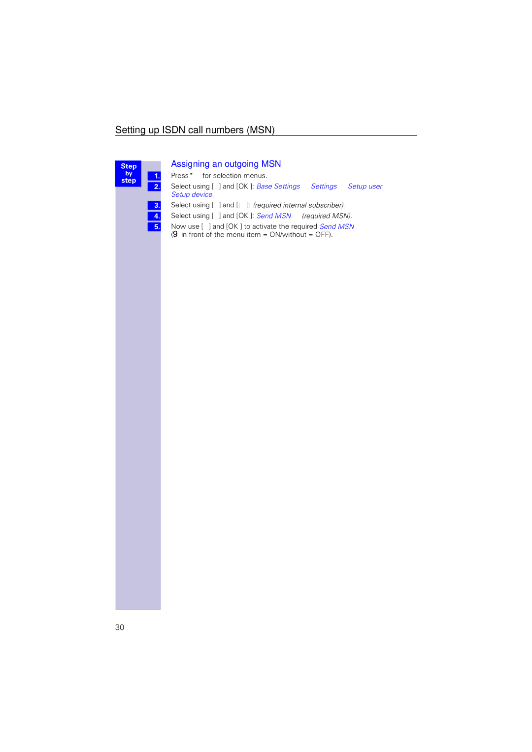 Siemens 4110 operating instructions Assigning an outgoing MSN, Select using Z and OK Send MSN → required MSN 