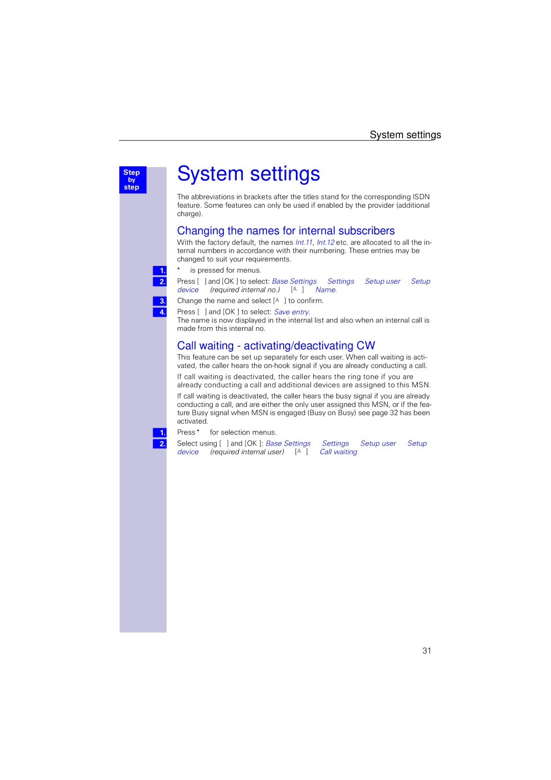 Siemens 4110 System settings, Changing the names for internal subscribers, Call waiting activating/deactivating CW 