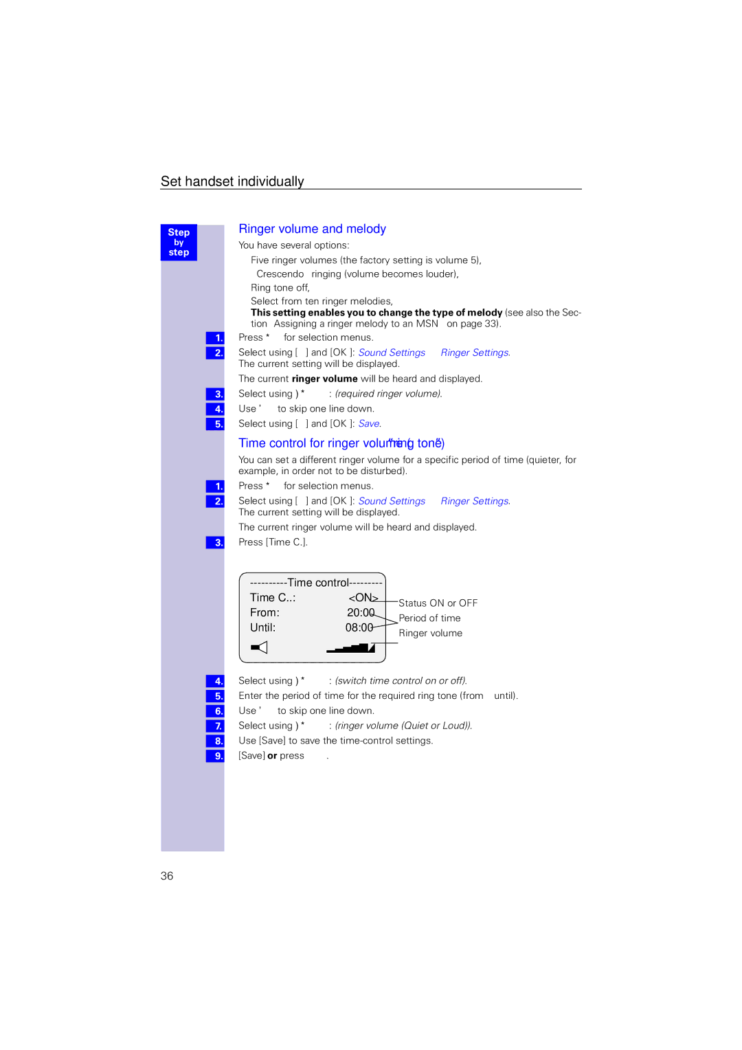 Siemens 4110 operating instructions Ringer volume and melody, Time control for ringer volume ring tone 