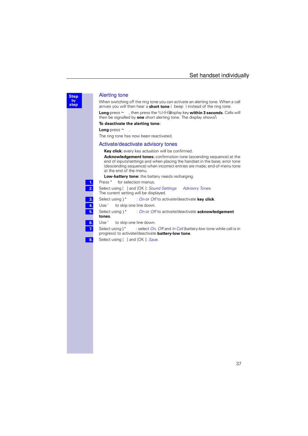 Siemens 4110 Alerting tone, Activate/deactivate advisory tones, To deactivate the alerting tone, Tones 