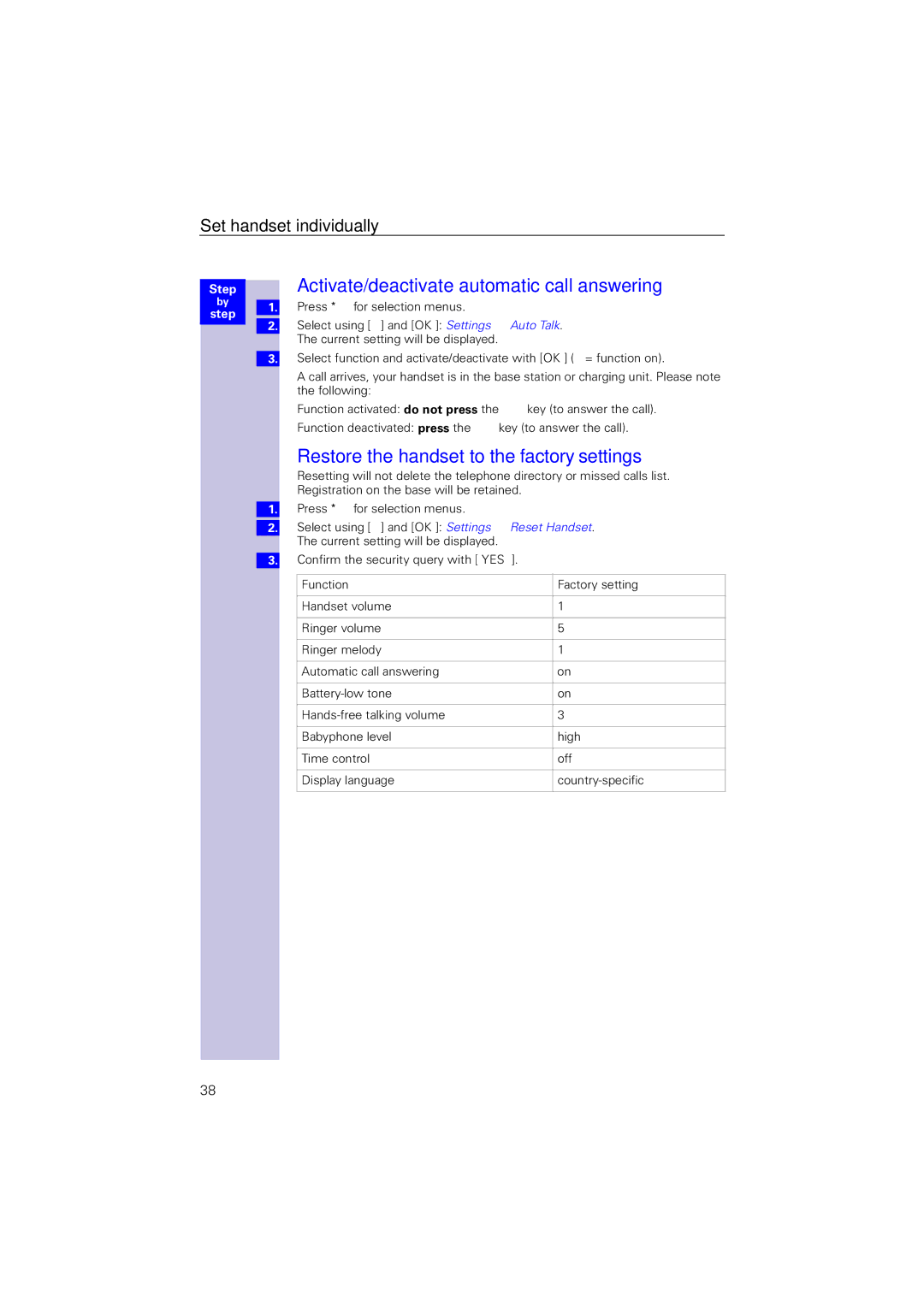 Siemens 4110 Activate/deactivate automatic call answering, Restore the handset to the factory settings 