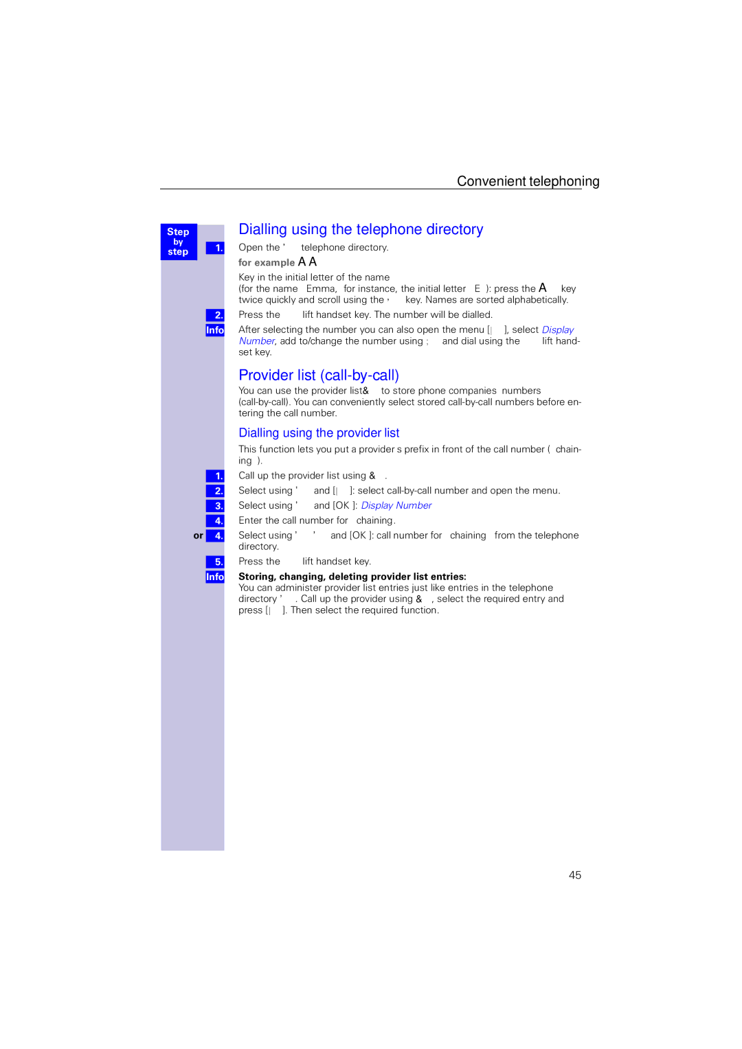 Siemens 4110 Dialling using the telephone directory, Provider list call-by-call, Dialling using the provider list 