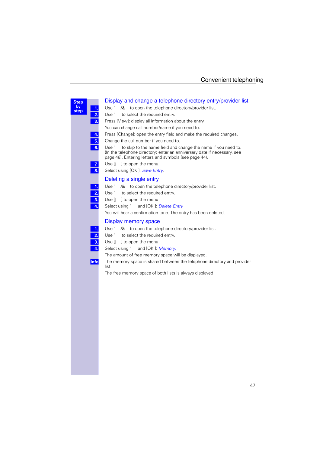 Siemens 4110 operating instructions Deleting a single entry, Display memory space 