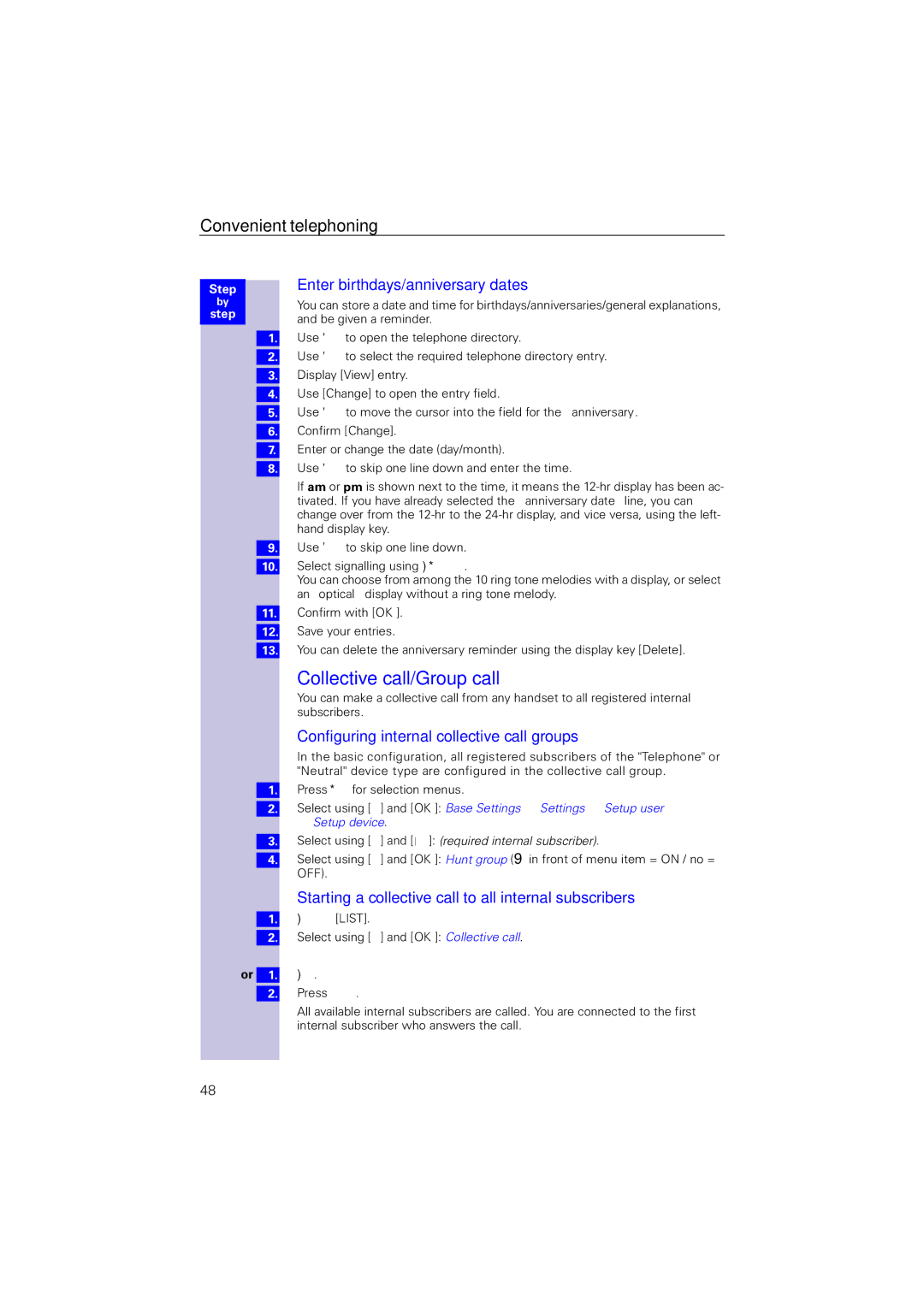 Siemens 4110 Collective call/Group call, Enter birthdays/anniversary dates, Configuring internal collective call groups 