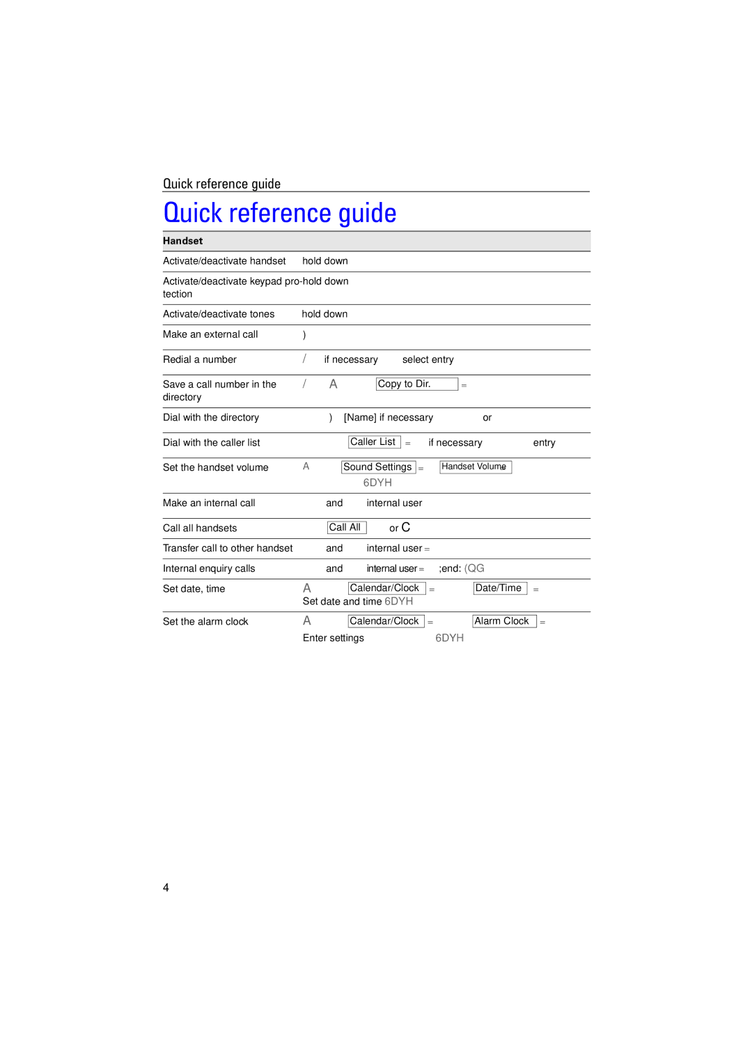 Siemens 4110 operating instructions Quick reference guide, Handset, Set the alarm clock Calendar/Clock 