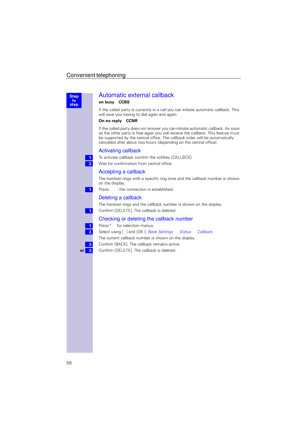 Siemens 4110 Automatic external callback, Activating callback, Accepting a callback, Deleting a callback 