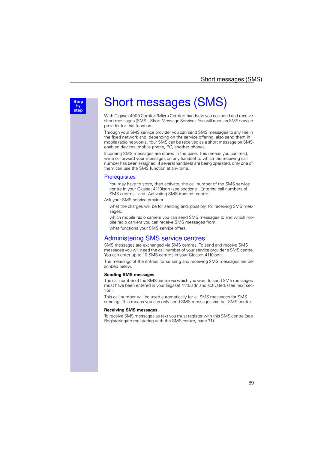 Siemens 4110 Short messages SMS, Administering SMS service centres, Prerequisites, Sending SMS messages 