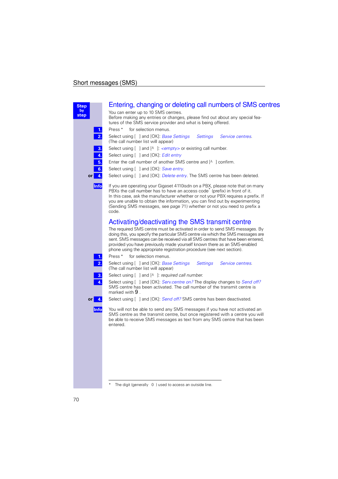 Siemens 4110 Activating/deactivating the SMS transmit centre, Entering, changing or deleting call numbers of SMS centres 