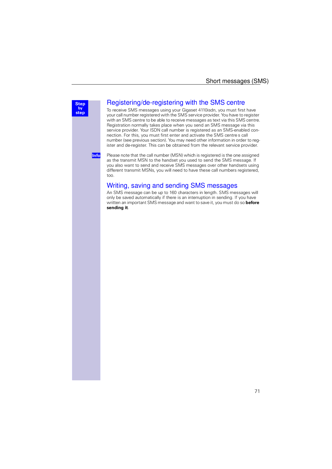 Siemens 4110 Registering/de-registering with the SMS centre, Writing, saving and sending SMS messages 