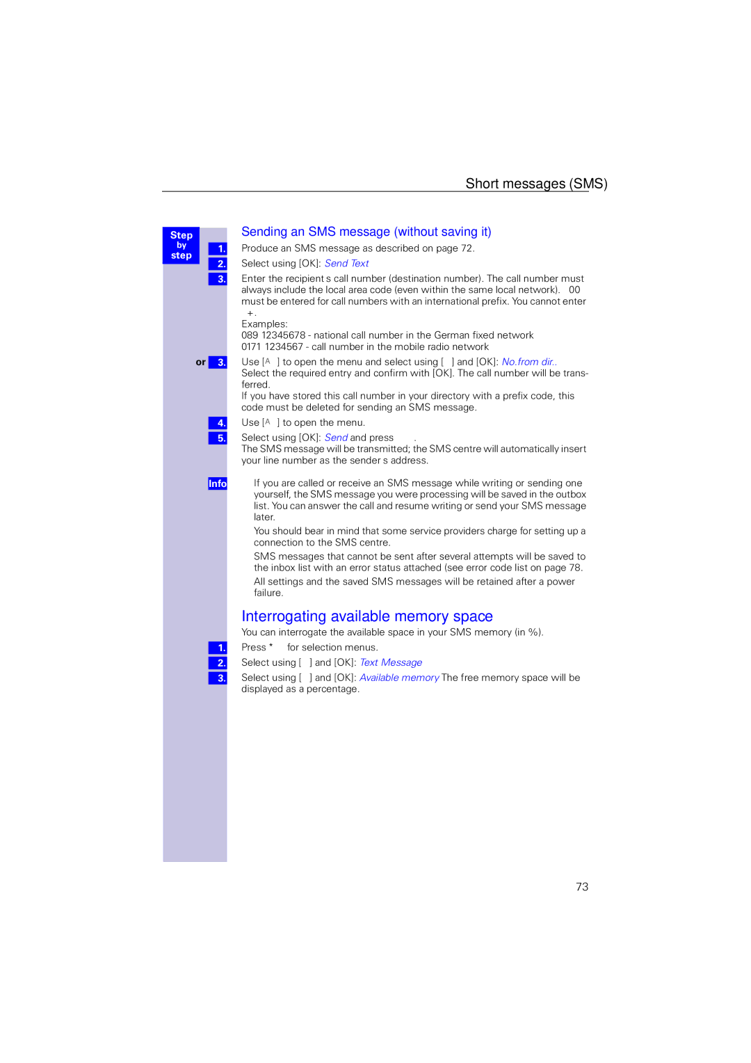 Siemens 4110 operating instructions Interrogating available memory space, Sending an SMS message without saving it 