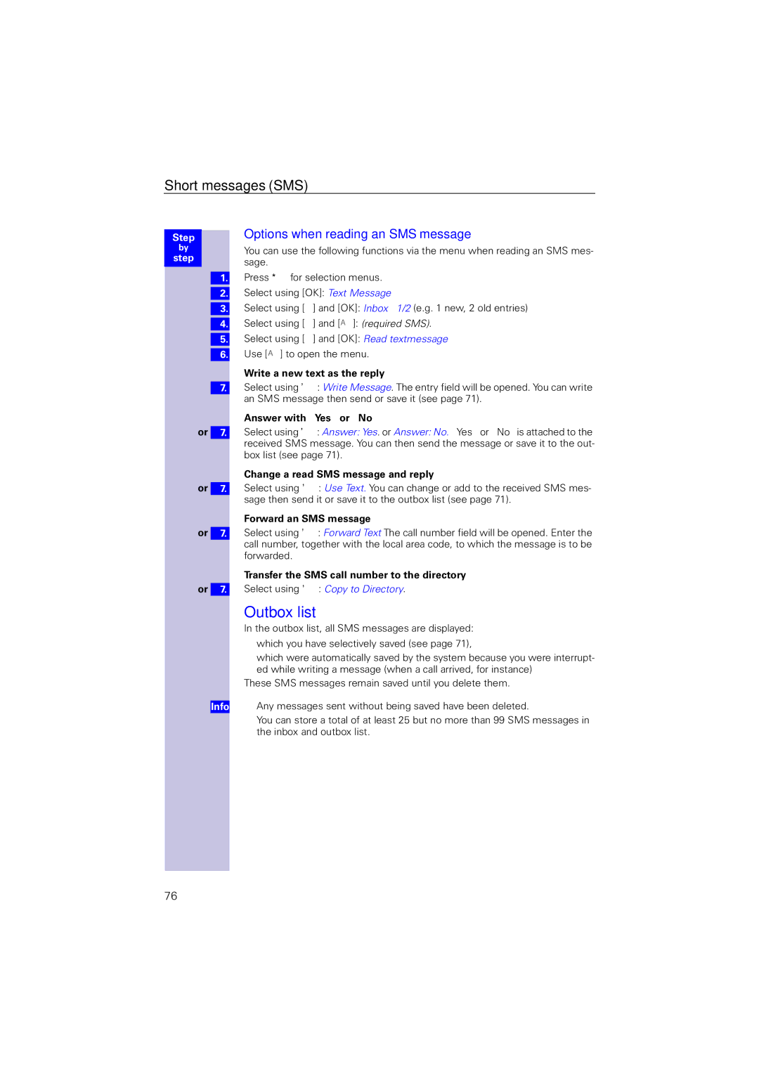 Siemens 4110 operating instructions Outbox list, Options when reading an SMS message 