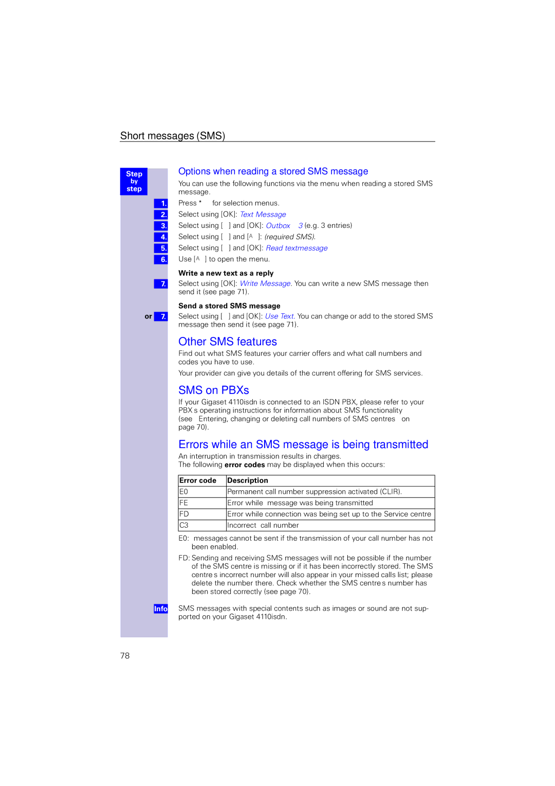 Siemens 4110 operating instructions Other SMS features, SMS on PBXs, Errors while an SMS message is being transmitted 