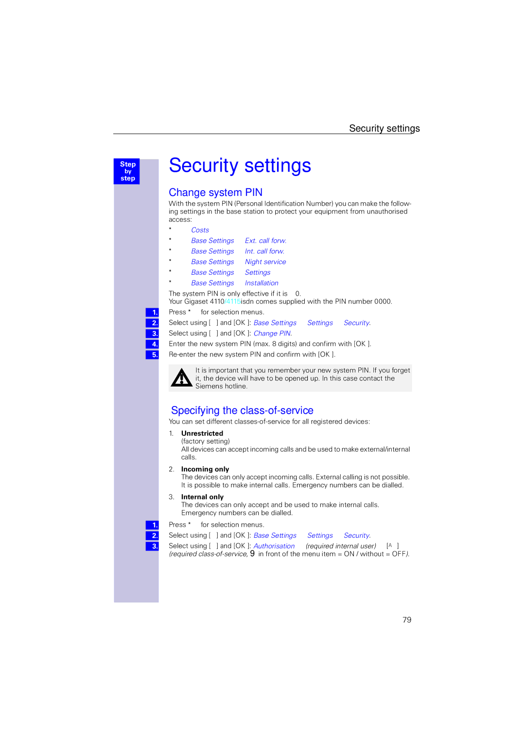 Siemens 4110 operating instructions Security settings, Change system PIN, Specifying the class-of-service 