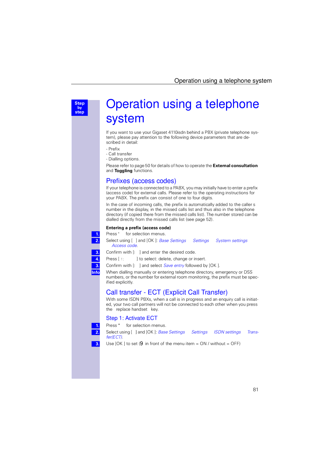 Siemens 4110 Operation using a telephone system, Prefixes access codes, Call transfer ECT Explicit Call Transfer 