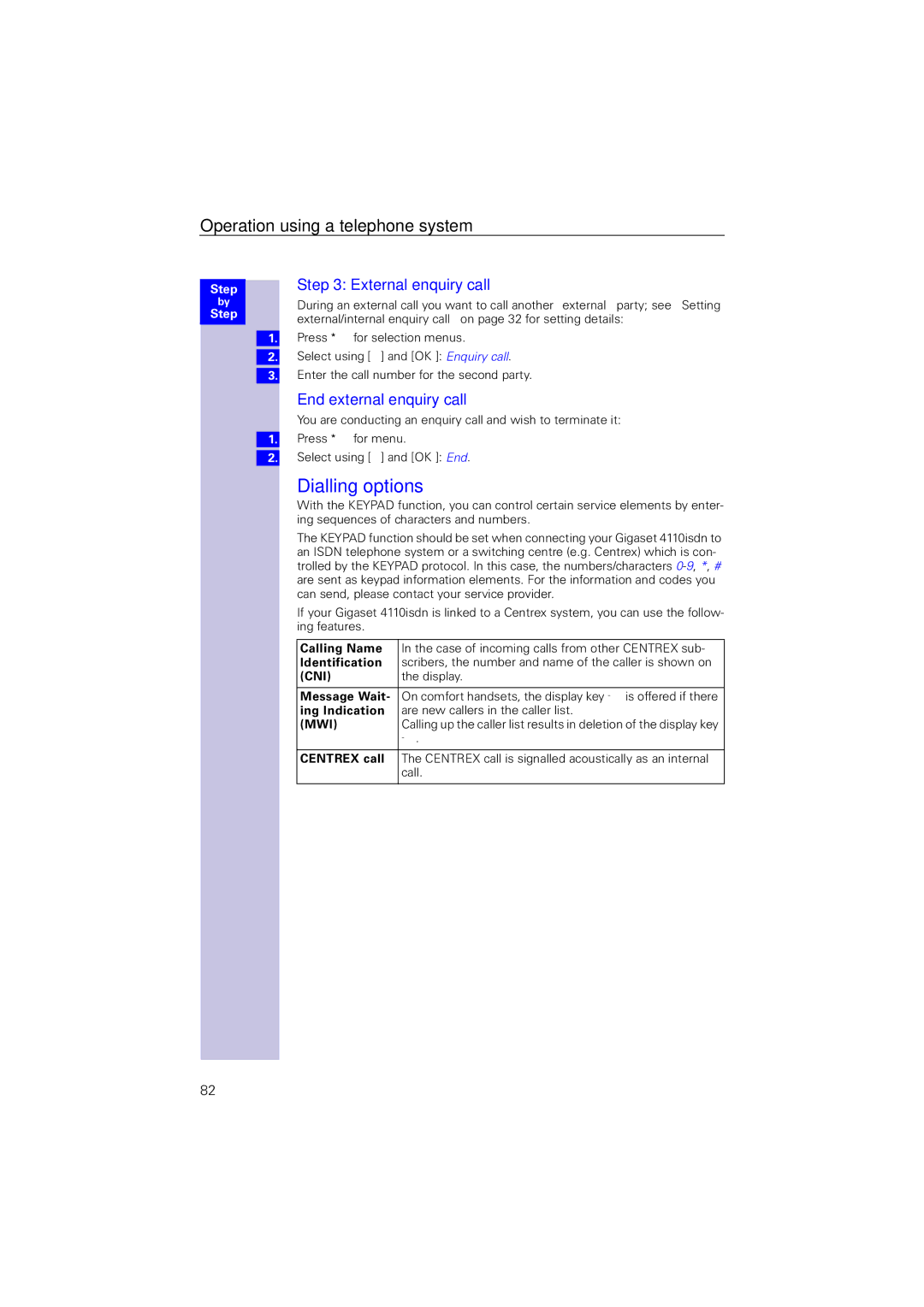 Siemens 4110 operating instructions Dialling options, External enquiry call, End external enquiry call 