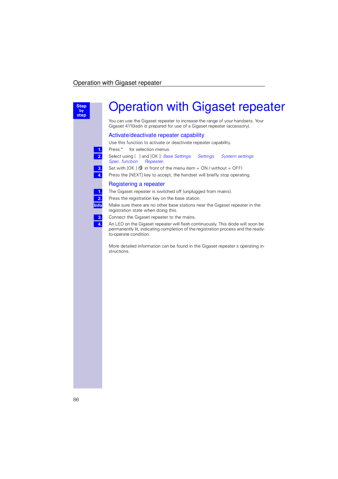 Siemens 4110 Operation with Gigaset repeater, Activate/deactivate repeater capability, Registering a repeater 