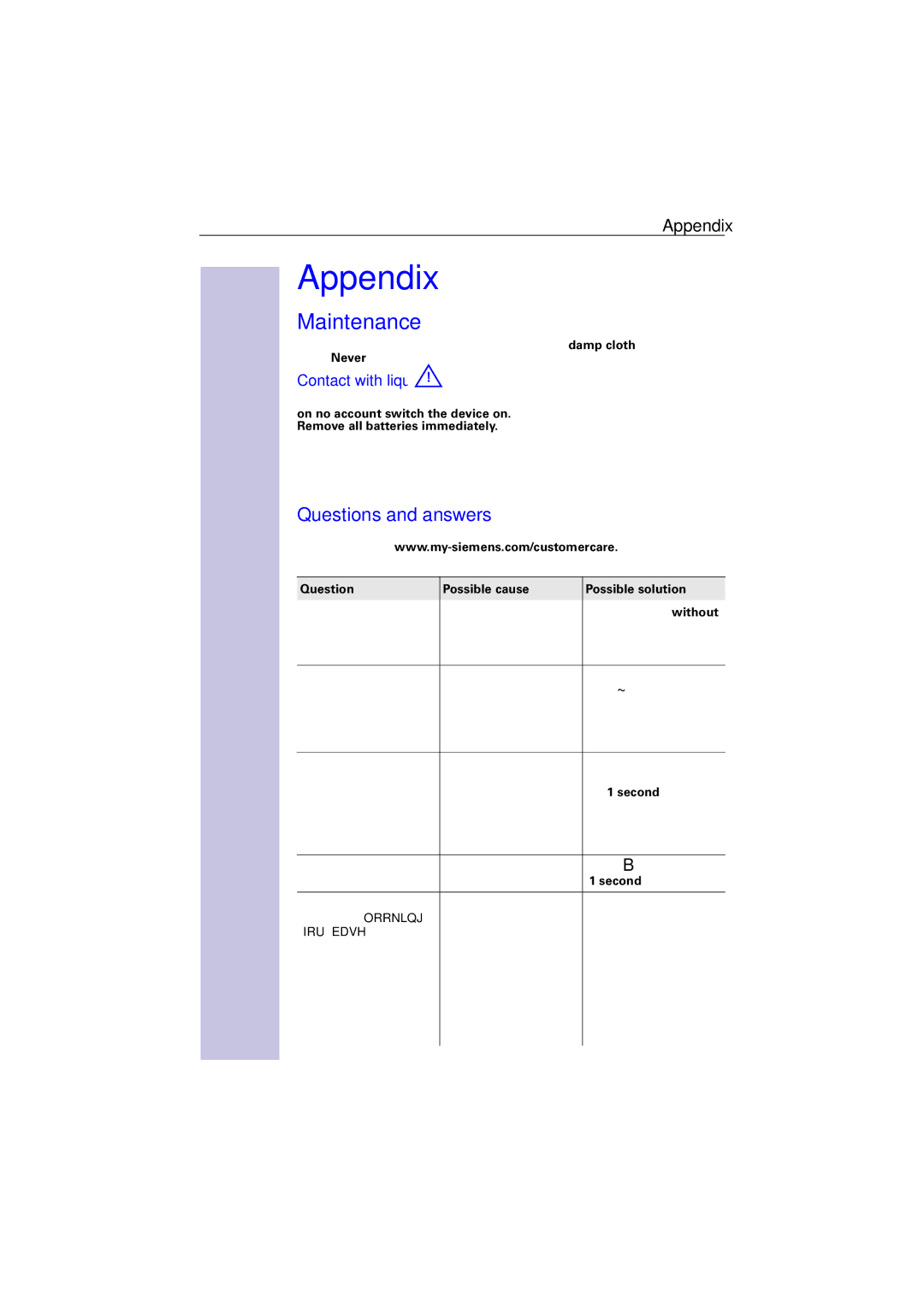 Siemens 4110 operating instructions Appendix, Questions and answers, Contact with liquid 