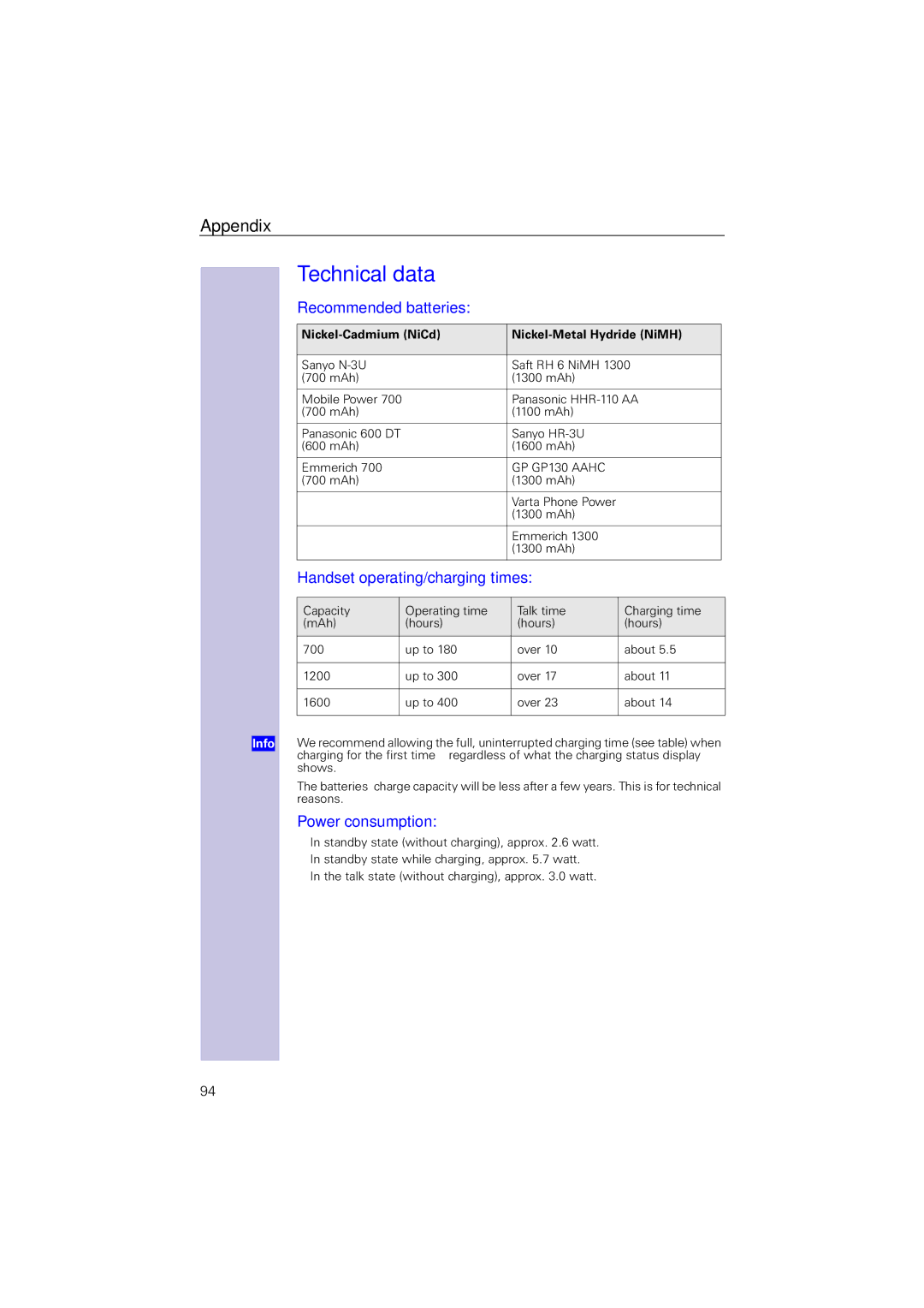 Siemens 4110 operating instructions Recommended batteries, Handset operating/charging times, Power consumption 