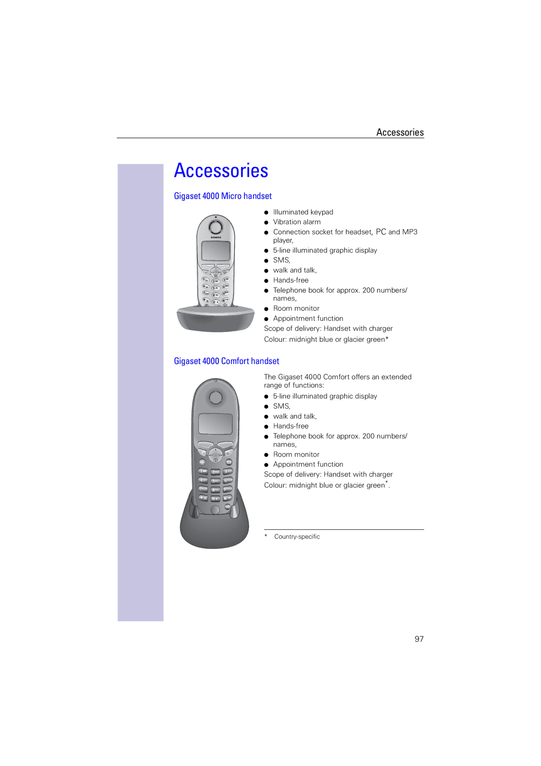 Siemens 4110 operating instructions Accessories, Gigaset 4000 Micro handset, Gigaset 4000 Comfort handset 