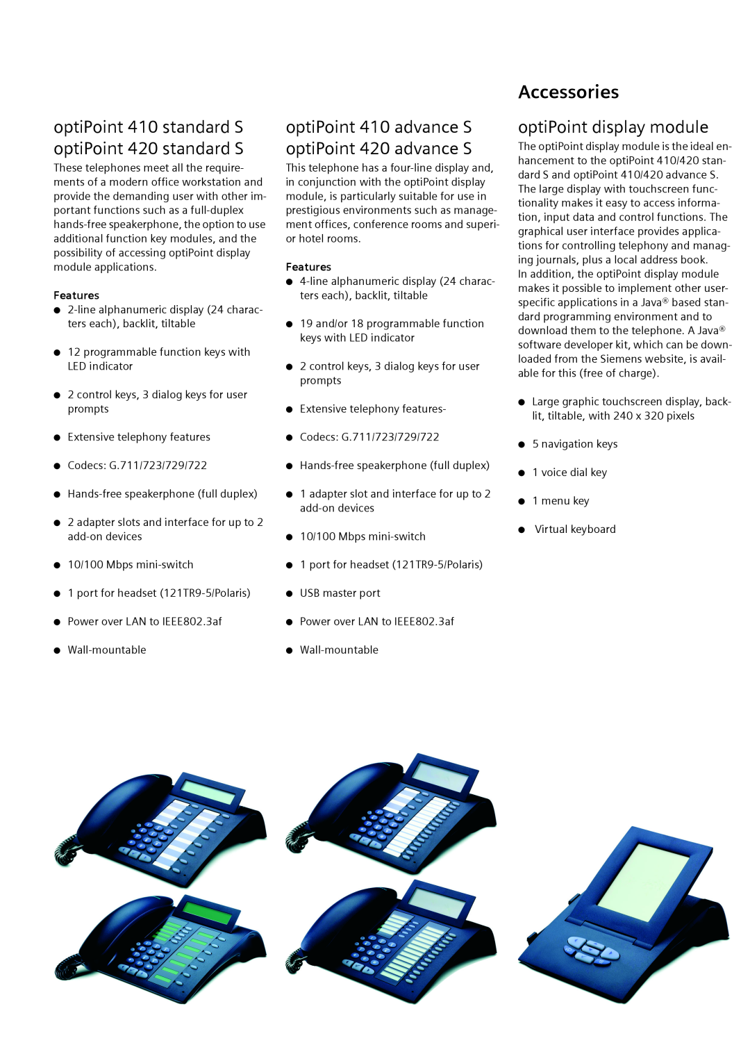 Siemens 410 S, 420 S Accessories, optiPoint display module, optiPoint 410 standard S optiPoint 420 standard S, Features 