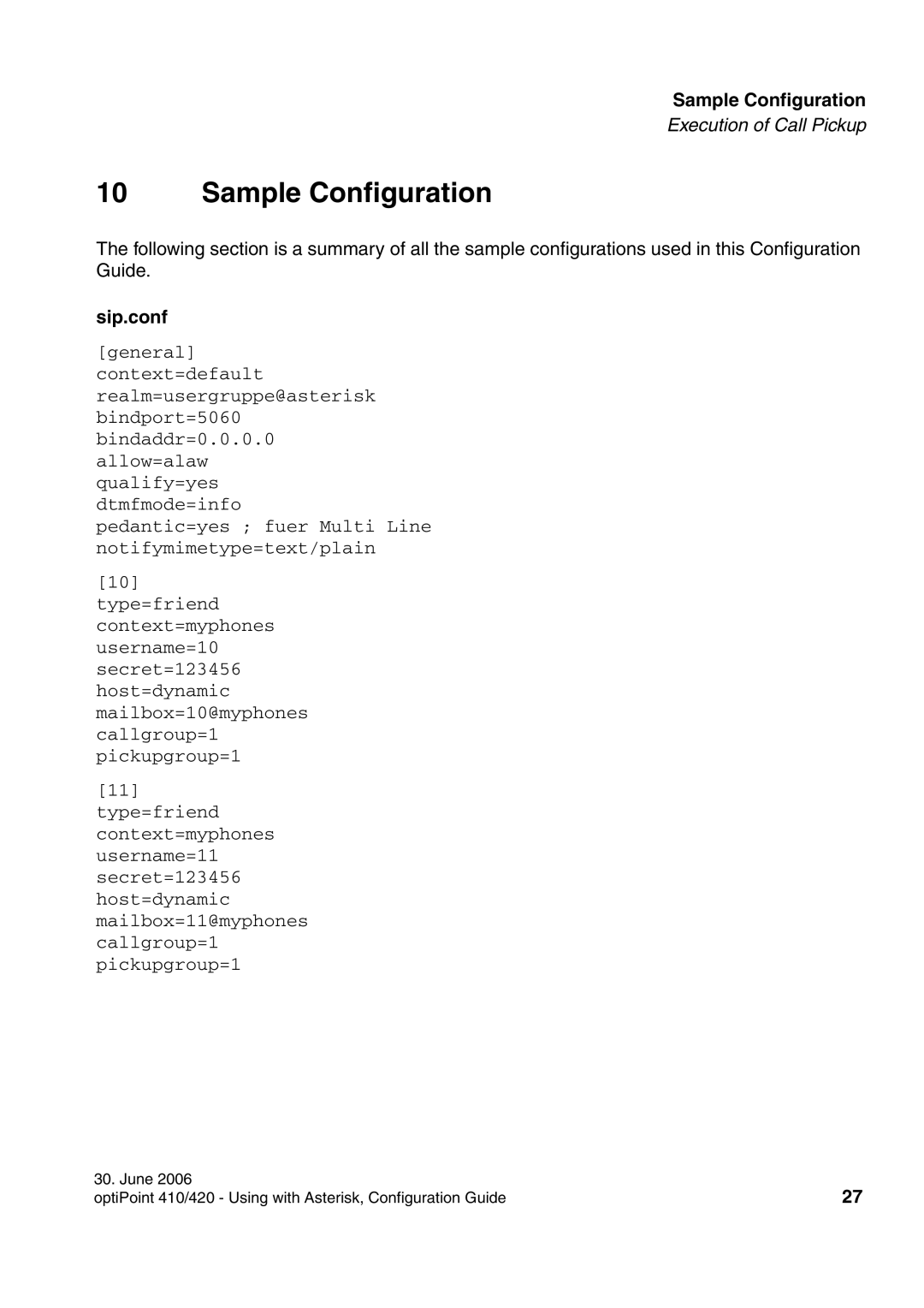 Siemens 410 S, 420 S manual Sample Configuration, Sip.conf 