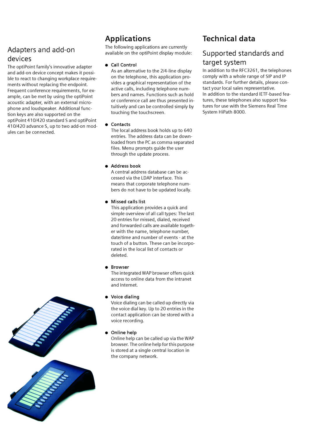 Siemens 420 S, 410 S manual Applications, Technical data, Adapters and add-on devices, Supported standards and target system 