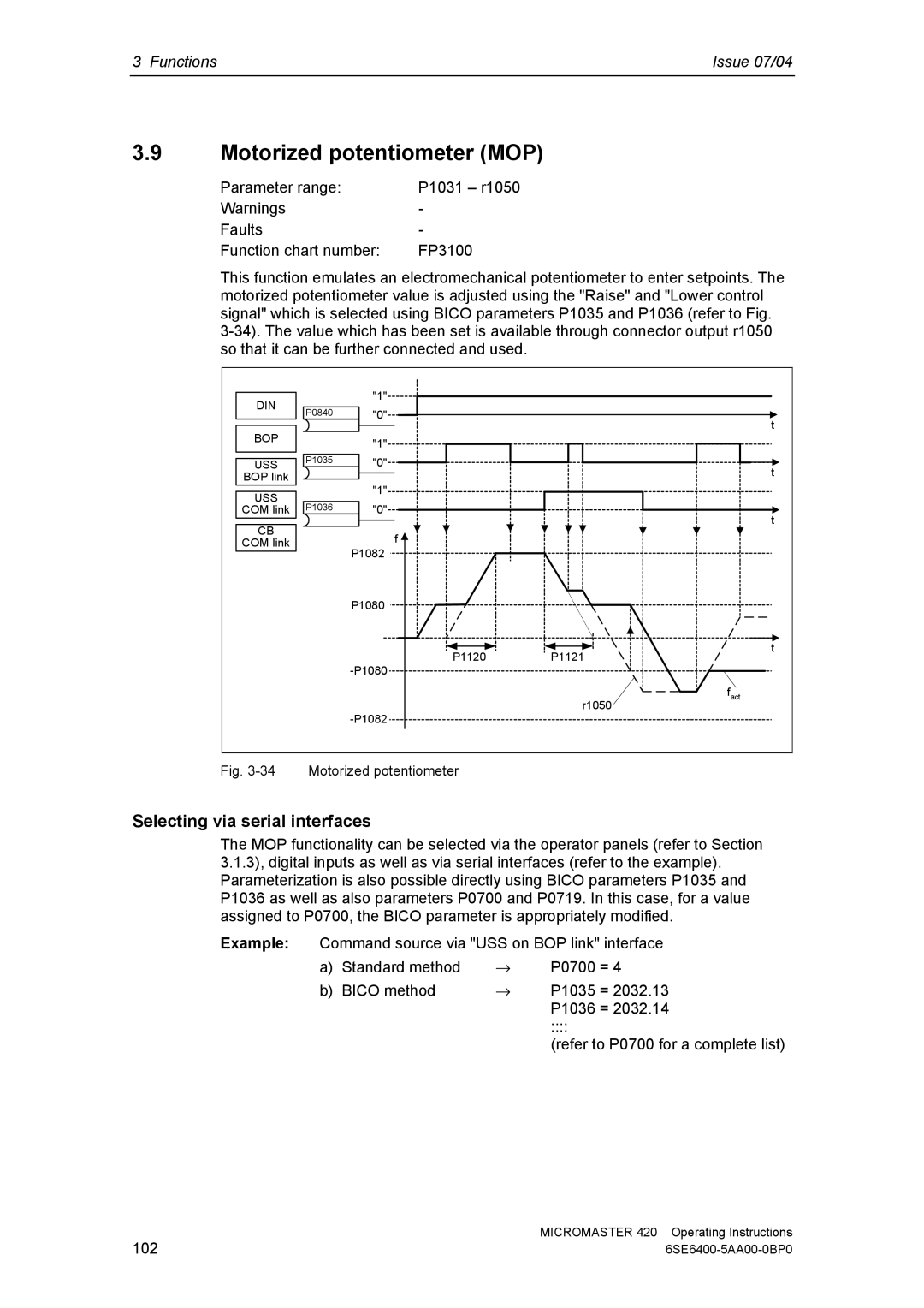 Siemens 420 manual Motorized potentiometer MOP, Selecting via serial interfaces 