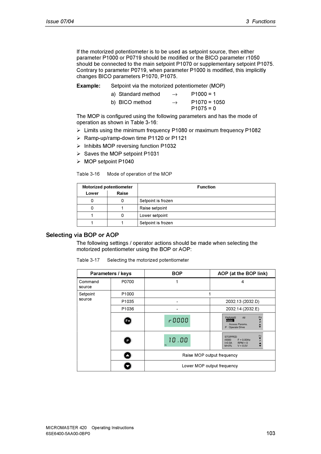 Siemens 420 manual Selecting via BOP or AOP, Parameters / keys, AOP at the BOP link 