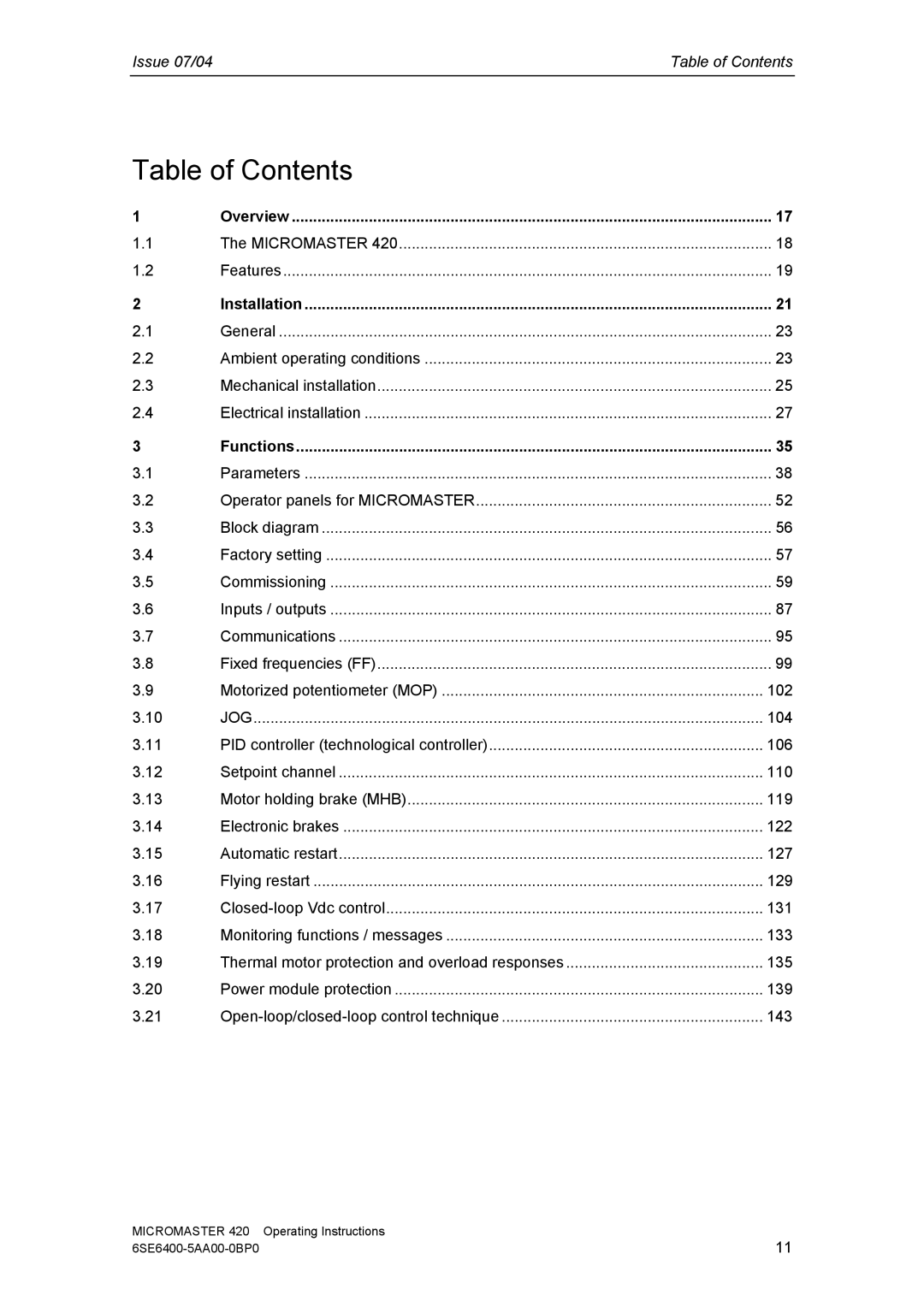 Siemens 420 manual Table of Contents 