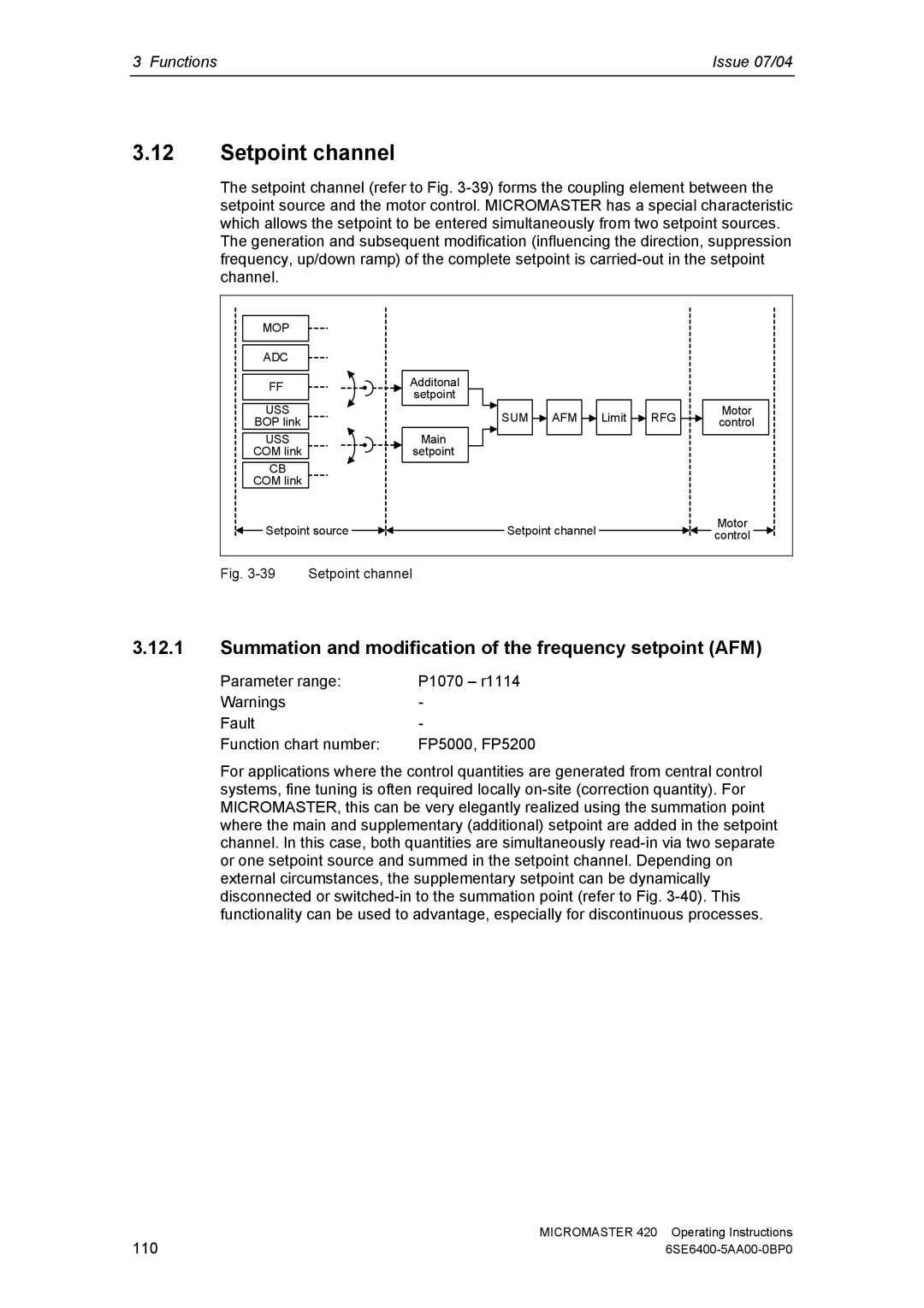 Siemens 420 manual Setpoint channel, Summation and modification of the frequency setpoint AFM 